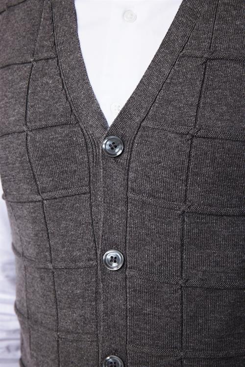 Slim Fit Kare Desenli Gri Erkek Yelek