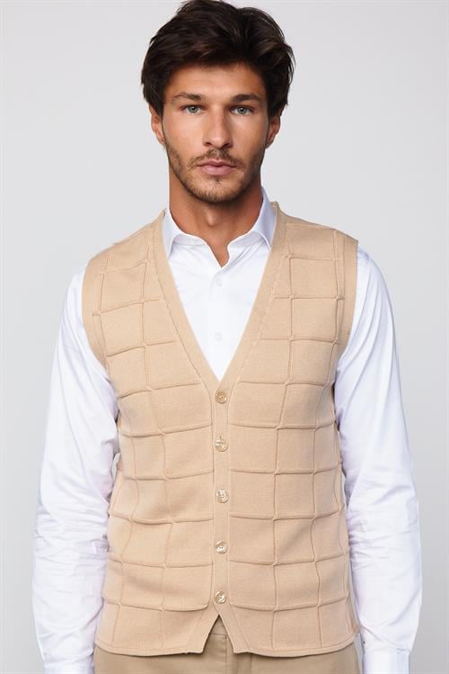 Slim Fit Kare Desenli Taş Rengi Erkek Yelek