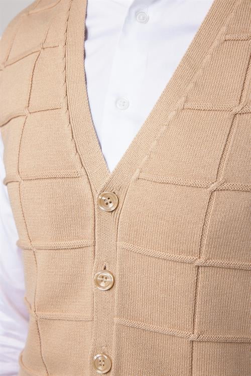 Slim Fit Kare Desenli Taş Rengi Erkek Yelek