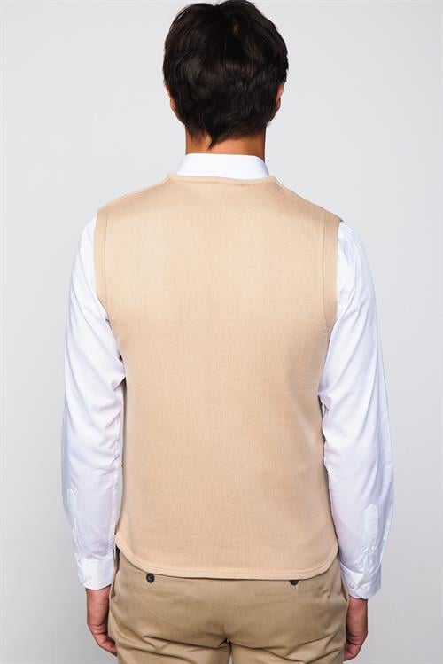 Slim Fit Kare Desenli Taş Rengi Erkek Yelek