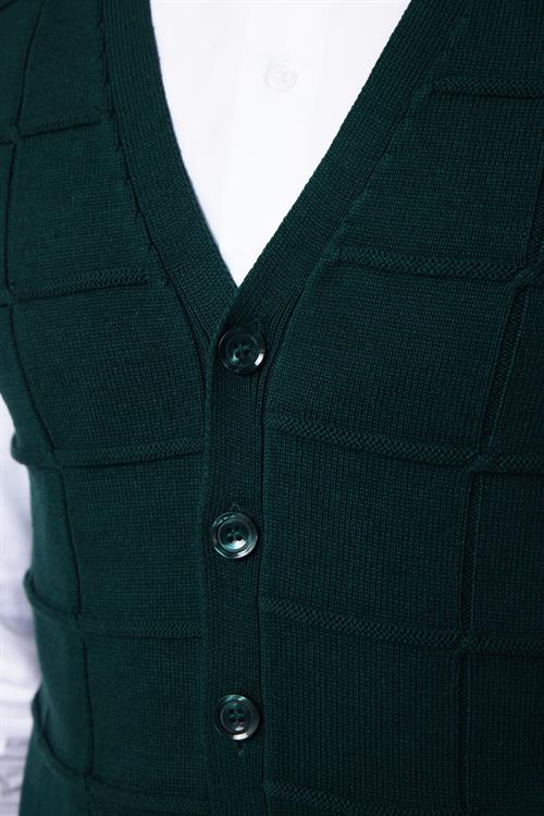 Slim Fit Kare Desenli Yeşil Erkek Yelek
