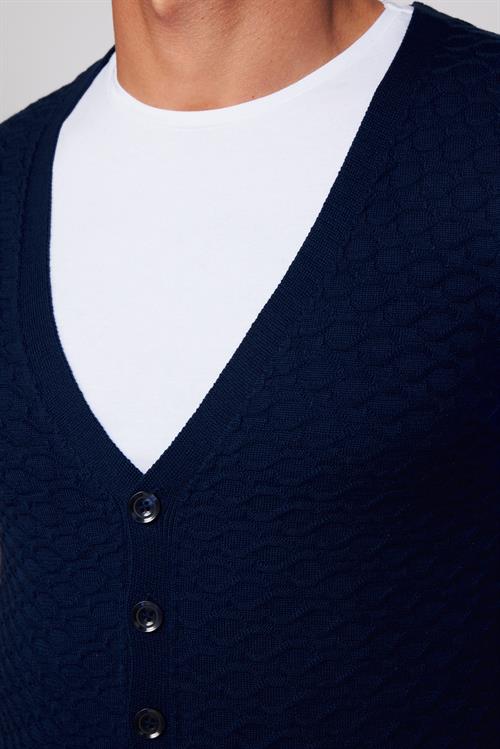 Slim Fit Desenli Lacivert Erkek Yelek