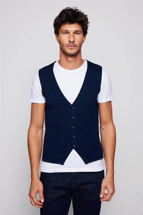 Slim Fit Desenli Lacivert Erkek Yelek