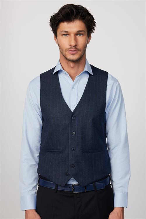 Slim Fit Dar Kesim Fleto Cep 4 Mevsim Çizgili Lacivert Erkek Yelek