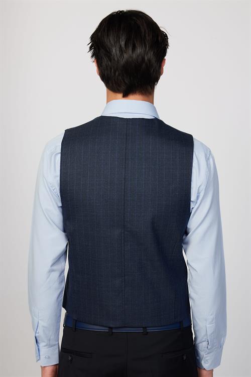 Slim Fit Dar Kesim Fleto Cep 4 Mevsim Çizgili Lacivert Erkek Yelek
