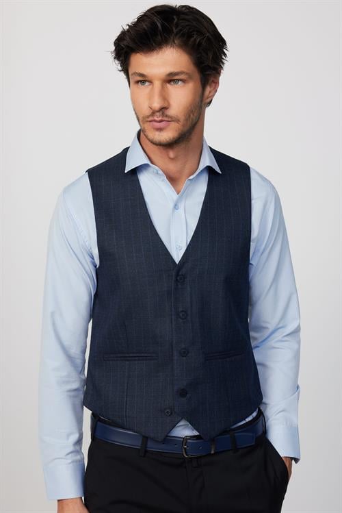 Slim Fit Dar Kesim Fleto Cep 4 Mevsim Çizgili Lacivert Erkek Yelek