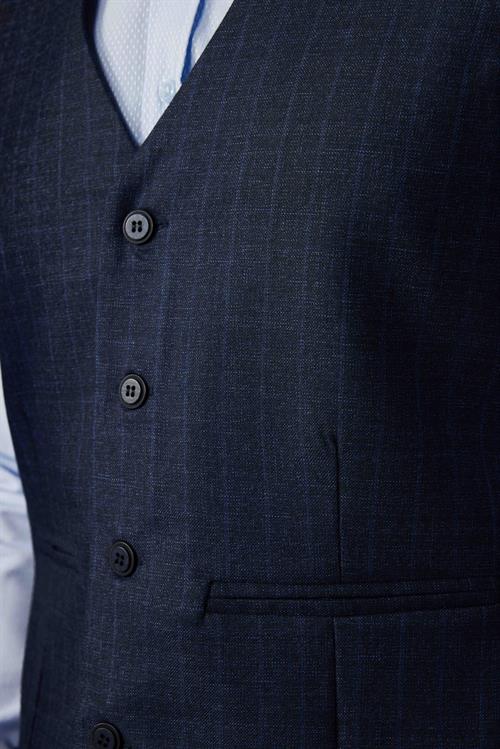 Slim Fit Dar Kesim Fleto Cep 4 Mevsim Çizgili Lacivert Erkek Yelek