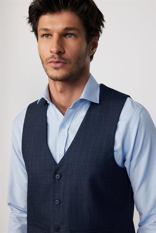 Slim Fit Dar Kesim Fleto Cep 4 Mevsim Çizgili Lacivert Erkek Yelek