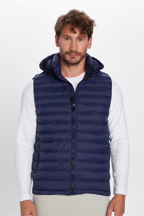 Erkek Slim Fit Dar Kesim Rüzgar Geçirmez Cepli Lacivert Çıkabilir Kapüşonlu Sıcak Tutan Şişme Yelek