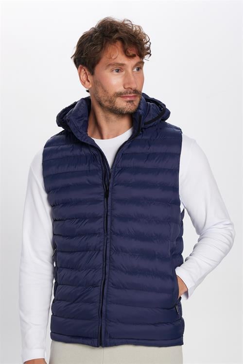 Erkek Slim Fit Dar Kesim Rüzgar Geçirmez Cepli Lacivert Çıkabilir Kapüşonlu Sıcak Tutan Şişme Yelek
