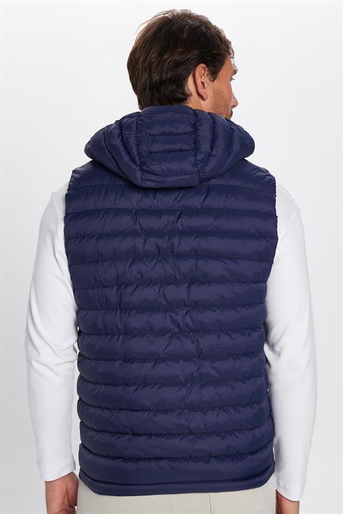 Erkek Slim Fit Dar Kesim Rüzgar Geçirmez Cepli Lacivert Çıkabilir Kapüşonlu Sıcak Tutan Şişme Yelek