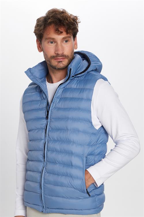 Erkek Slim Fit Dar Kesim Rüzgar Geçirmez Cepli Mavi Çıkarılabilir Kapüşonlu Sıcak Tutan Şişme Yelek