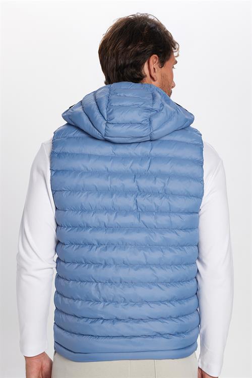 Erkek Slim Fit Dar Kesim Rüzgar Geçirmez Cepli Mavi Çıkarılabilir Kapüşonlu Sıcak Tutan Şişme Yelek