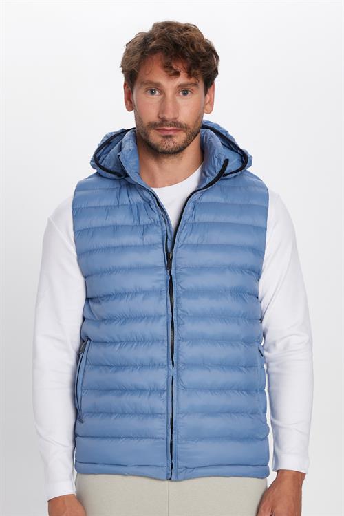 Erkek Slim Fit Dar Kesim Rüzgar Geçirmez Cepli Mavi Çıkarılabilir Kapüşonlu Sıcak Tutan Şişme Yelek