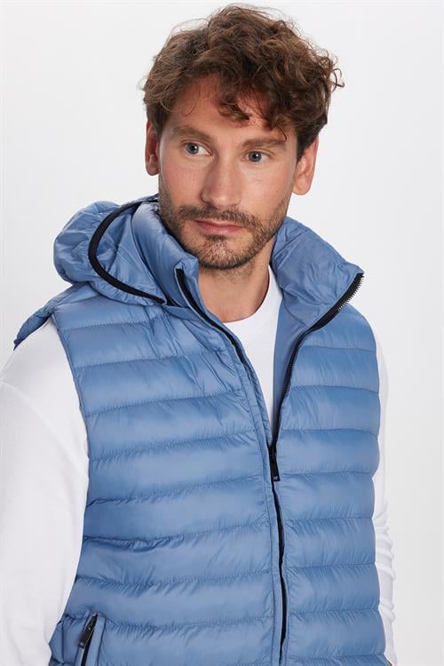 Erkek Slim Fit Dar Kesim Rüzgar Geçirmez Cepli Mavi Çıkarılabilir Kapüşonlu Sıcak Tutan Şişme Yelek