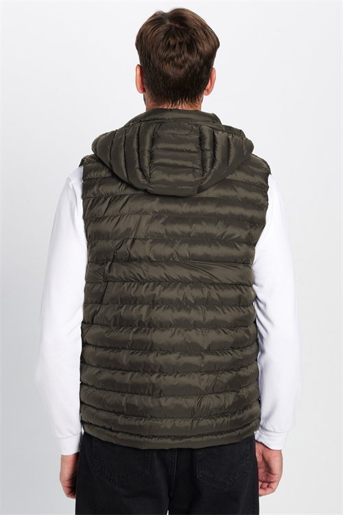 Erkek Slim Fit Dar Kesim Rüzgar Geçirmez Cepli Haki Çıkarılabilir Kapüşonlu Sıcak Tutan Şişme Yelek