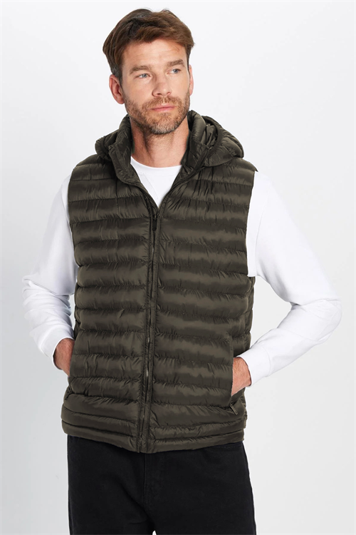 Erkek Slim Fit Dar Kesim Rüzgar Geçirmez Cepli Haki Çıkarılabilir Kapüşonlu Sıcak Tutan Şişme Yelek