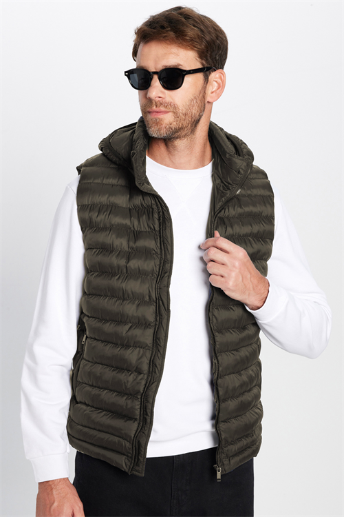 Erkek Slim Fit Dar Kesim Rüzgar Geçirmez Cepli Haki Çıkarılabilir Kapüşonlu Sıcak Tutan Şişme Yelek