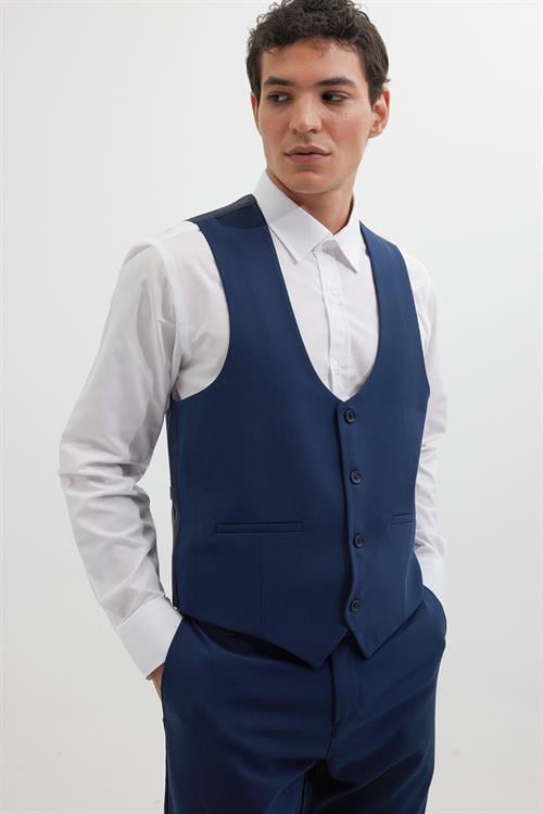 Erkek Standart Fit Normal Kesim Düz Fleto Cepli Lacivert Yelek