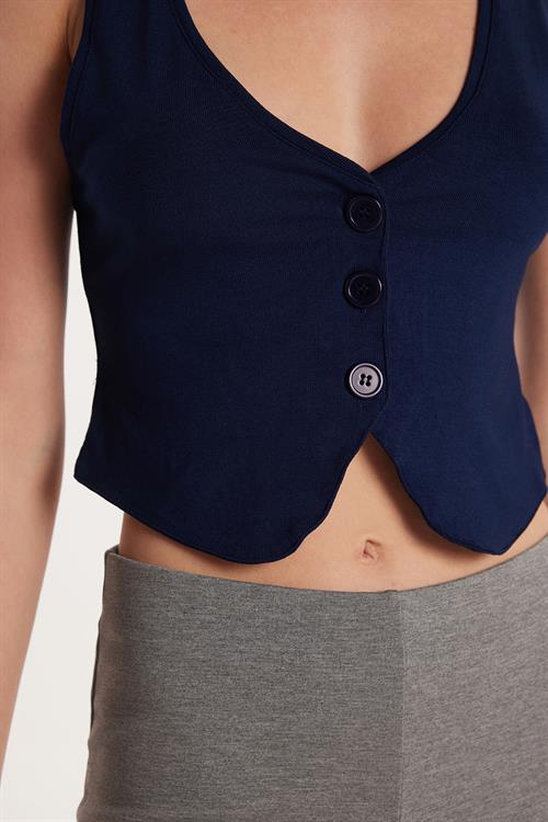 Kadın Regular Fit Sıfır Kol V Yaka Düğmeli Lacivert Yelek