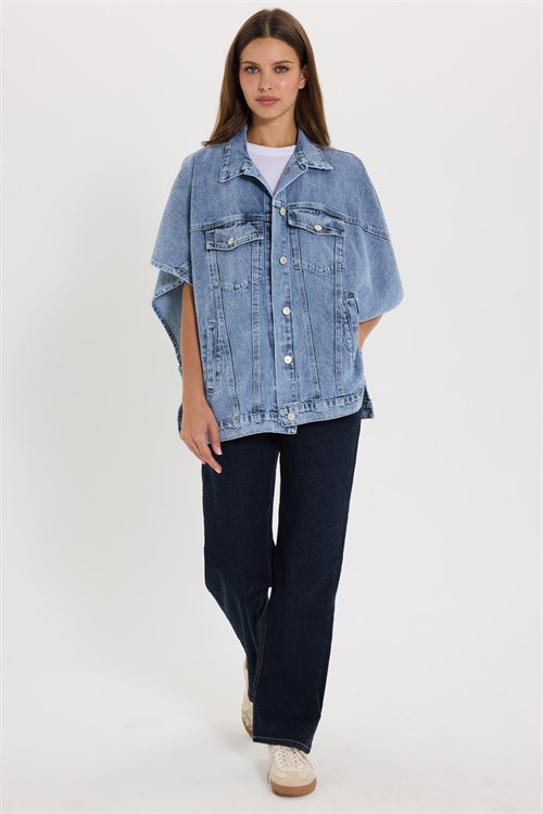 Kadın Oversize Geniş Kesim %100 Pamuk Panço Kol Yan Düğme Detaylı Mavi Denim Yelek
