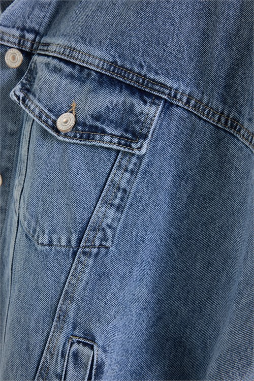 Kadın Oversize Geniş Kesim %100 Pamuk Panço Kol Yan Düğme Detaylı Mavi Denim Yelek