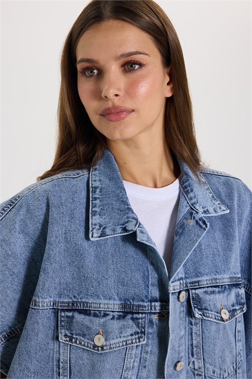 Kadın Oversize Geniş Kesim %100 Pamuk Panço Kol Yan Düğme Detaylı Mavi Denim Yelek