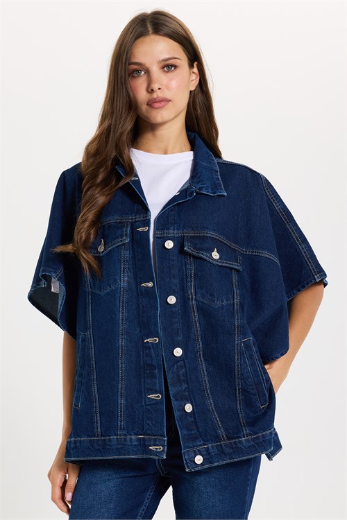 Kadın Oversize Geniş Kesim %100 Pamuk Panço Kol Yan Düğme Detaylı Lacivert Denim Yelek