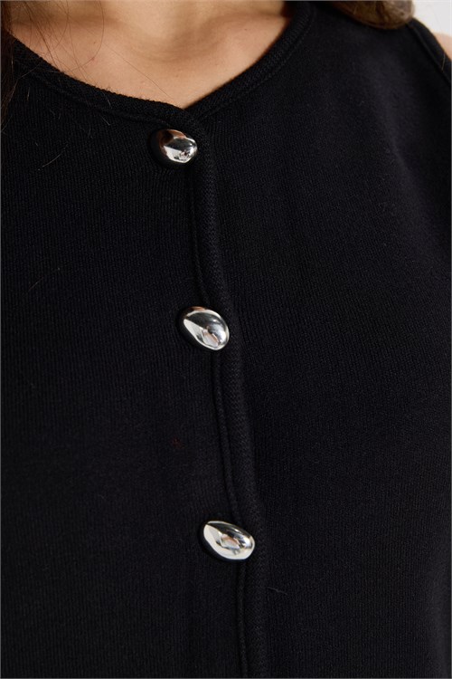 Kadın Slim Fit Dar Kesim Metal Düğmeli Önü Yırtmaçlı Siyah Crop Triko Yelek