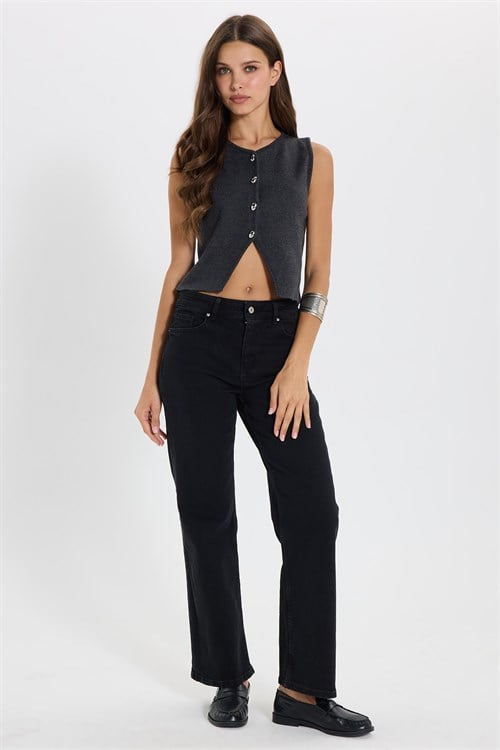 Kadın Slim Fit Dar Kesim Metal Düğmeli Önü Yırtmaçlı Gri Crop Triko Yelek