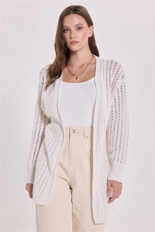 Kadın Oversize Geniş Kesim Mevsimlik Ajurlu Örme Dökümlü Ekru Triko Hırka