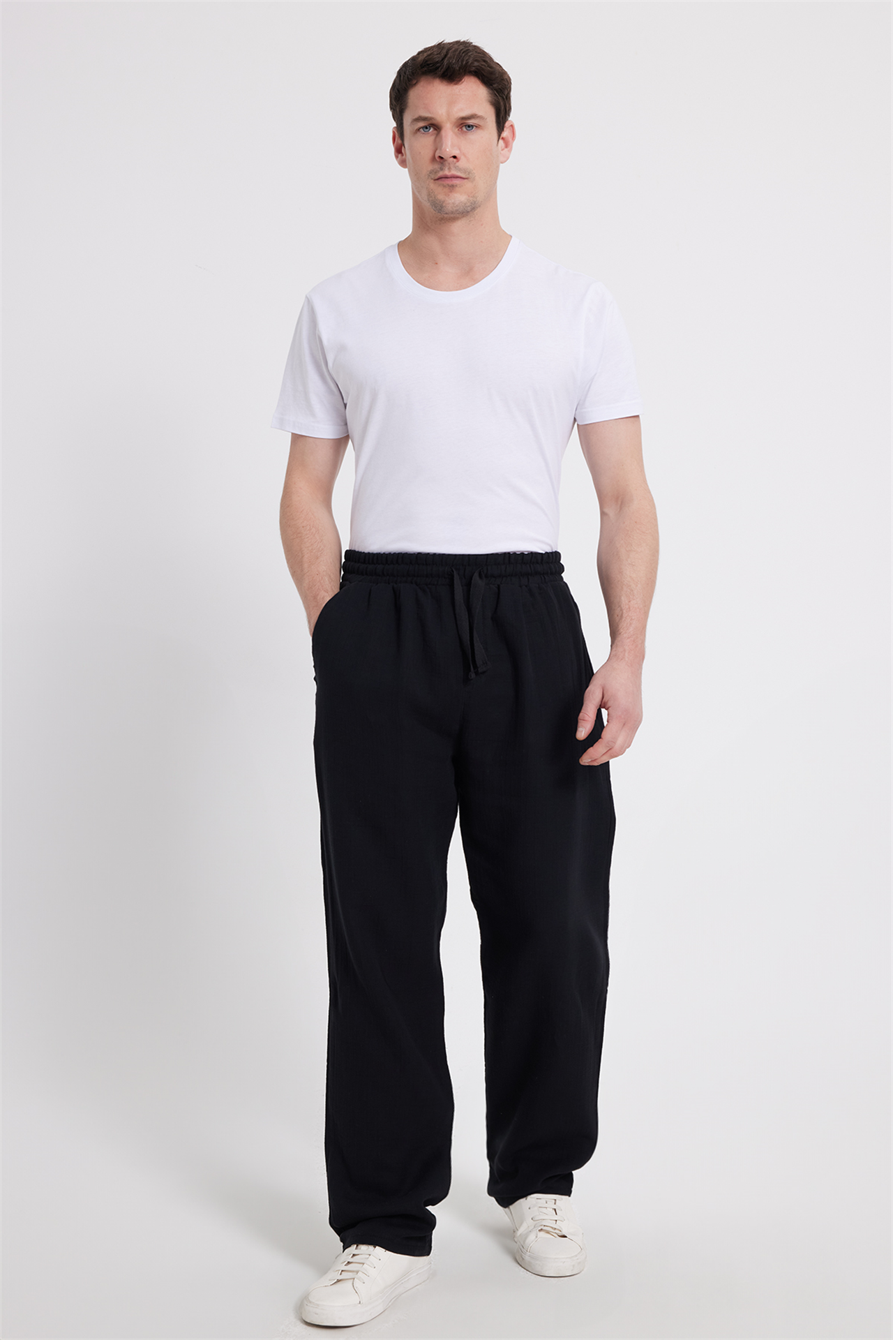 Erkek Baggy Fit Geniş Kesim Beli Lastikli Yandan Cepli Müslin Düz