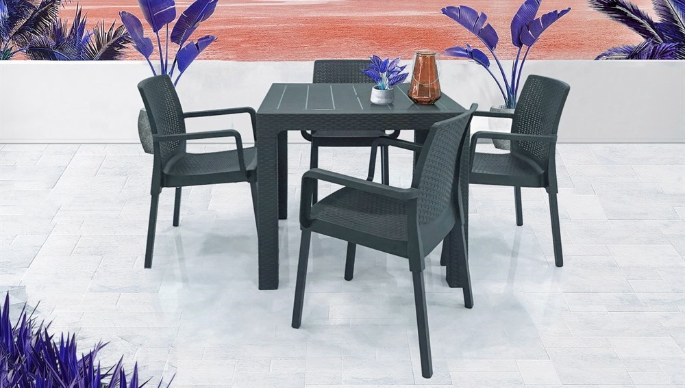 ARIZONA 80X80 MASA VE NAPOLİ SANDALYE RATTAN PLASTİK BAHÇE MASA TAKIMI ANTRASİT