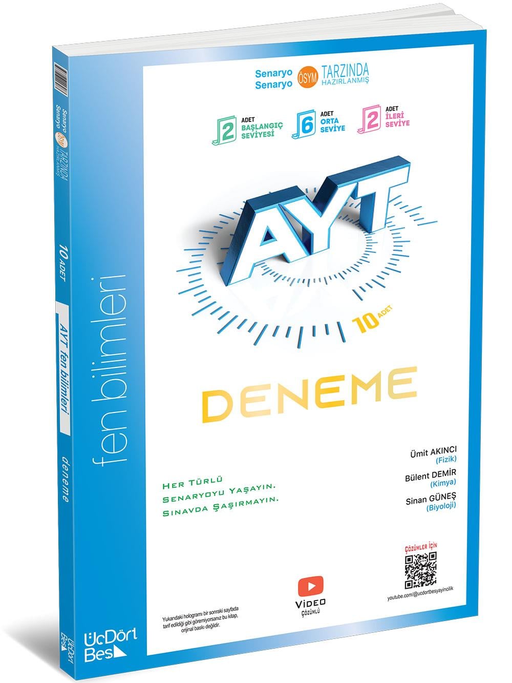Üç Dört Beş 2026 YKS AYT Fen Bilimleri 10 Deneme Video Çözümlü Üç Dört Beş Yayınları