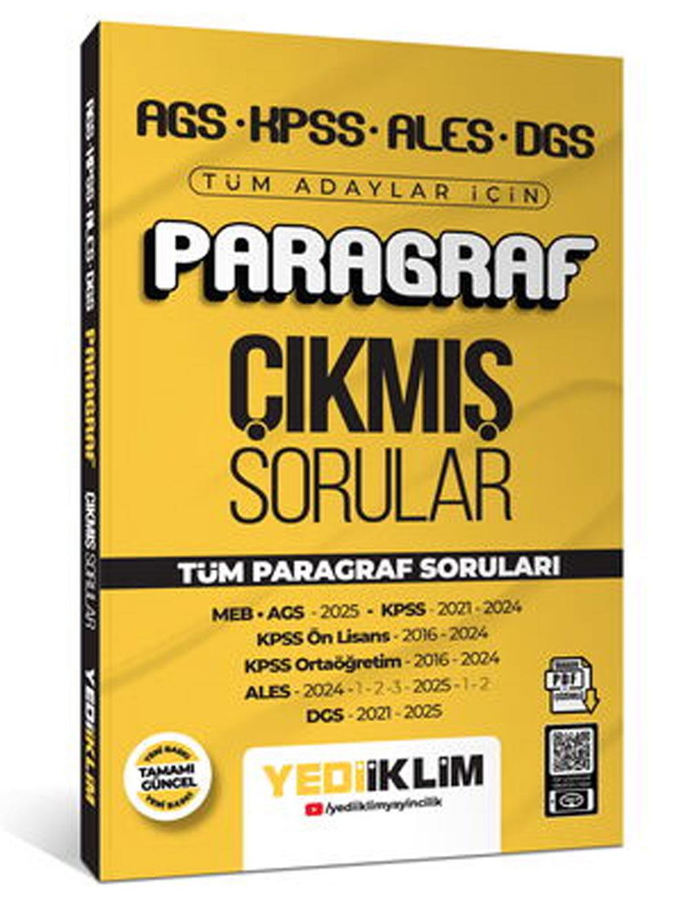 Yediiklim Yayınları 2024 KPSS ALES DGS Paragraf Konularına Göre Tamamı Çözümlü Çıkmış Sorular  