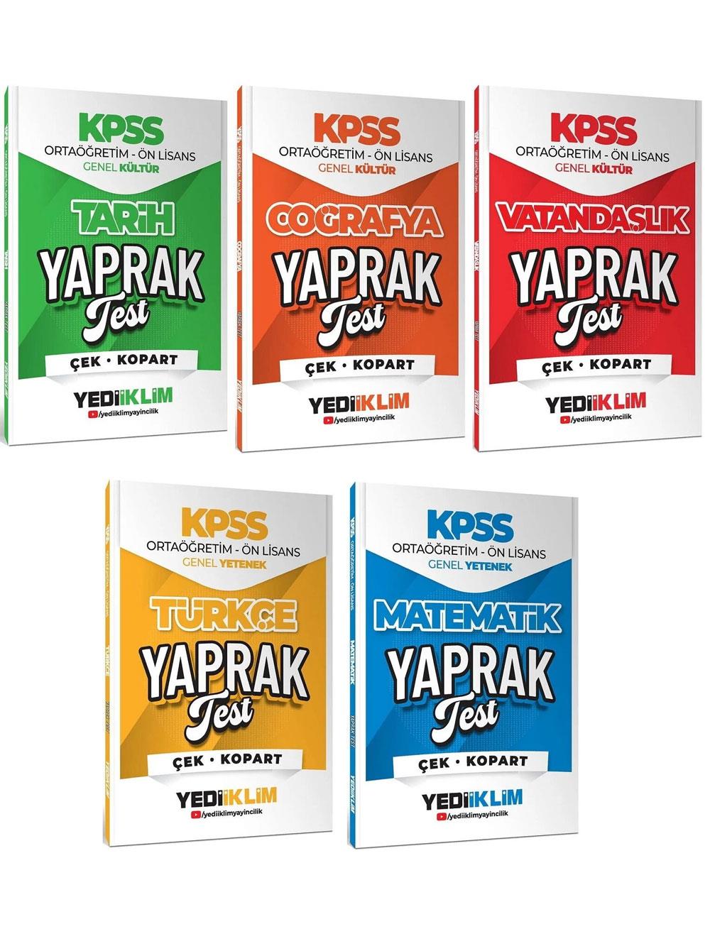 Yediiklim Yayınları 2026 KPSS Lise Ortaöğretim Ön Lisans Genel Yetenek Genel Kültür Yaprak Test 5'li Set