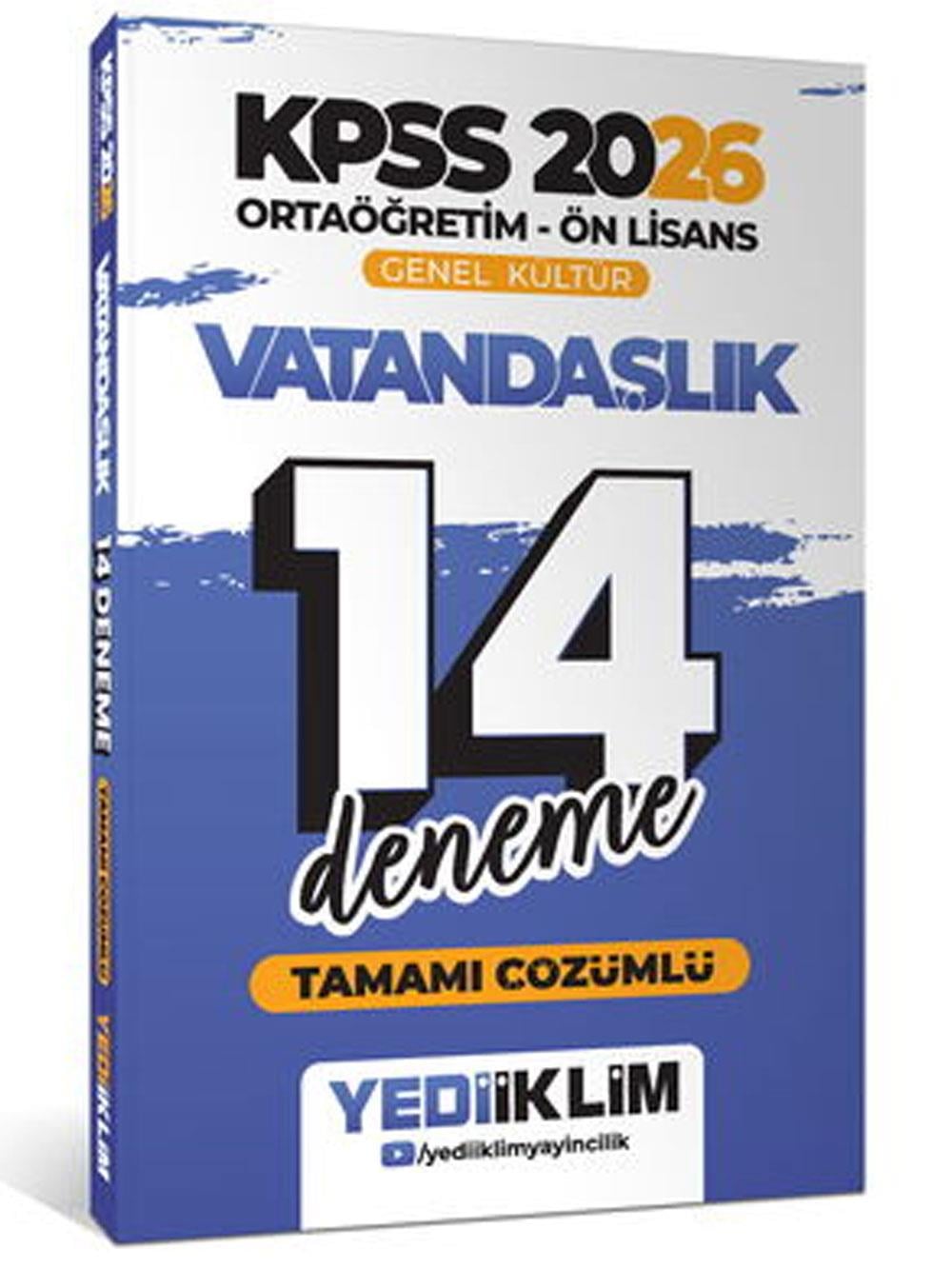 Yediiklim Yayınları 2026 KPSS Ortaöğretim Ön Lisans Genel Kültür Vatandaşlık Tamamı Çözümlü 14 Deneme