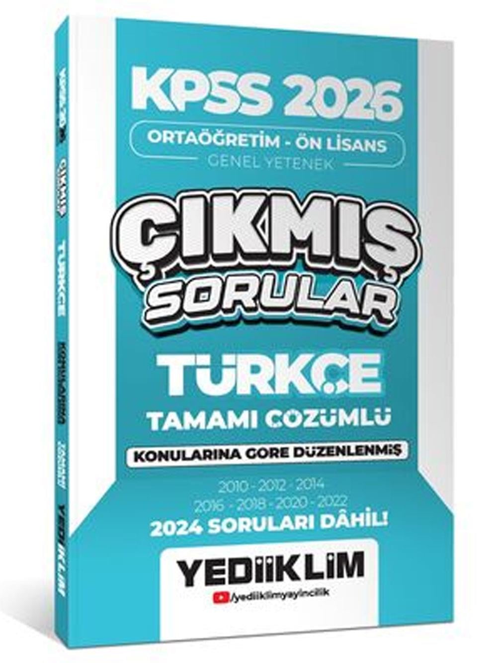 Yediiklim Yayınları KPSS 2026 Ortaöğretim-Önlisans Türkçe Konularına Göre Çıkmış Sorular