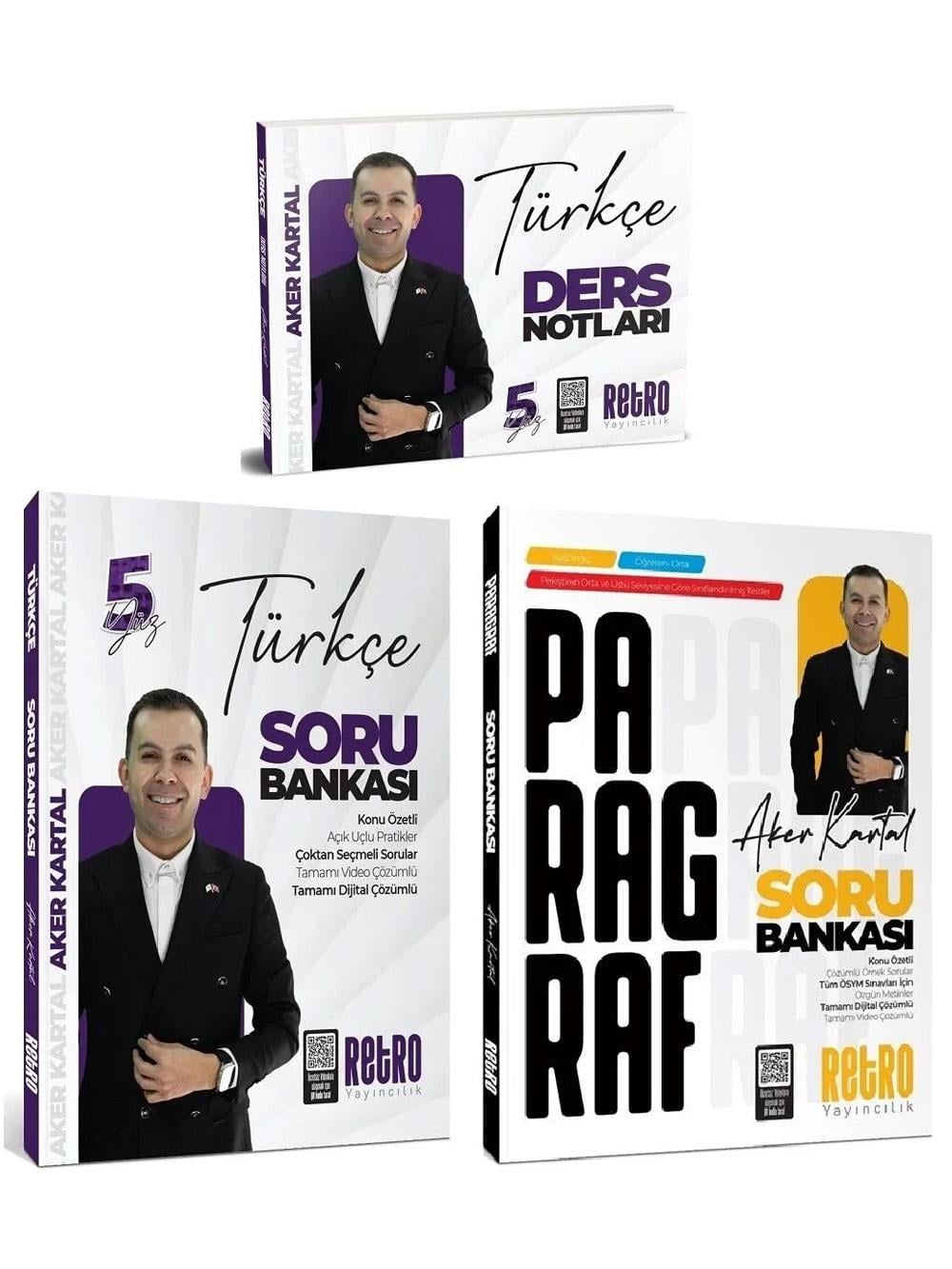 Retro Yayıncılık 2026 KPSS Türkçe 5Yüz Ders Notları + Soru Bankası + Paragraf Soru Bankası 3 lü Set - Aker Kartal