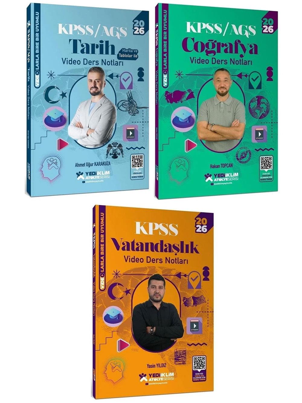 Yediiklim Yayınları 2026 KPSS Genel Kültür Tarih + Coğrafya + Vatandaşlık Atölye Video Ders Notları Seti 3 Kitap