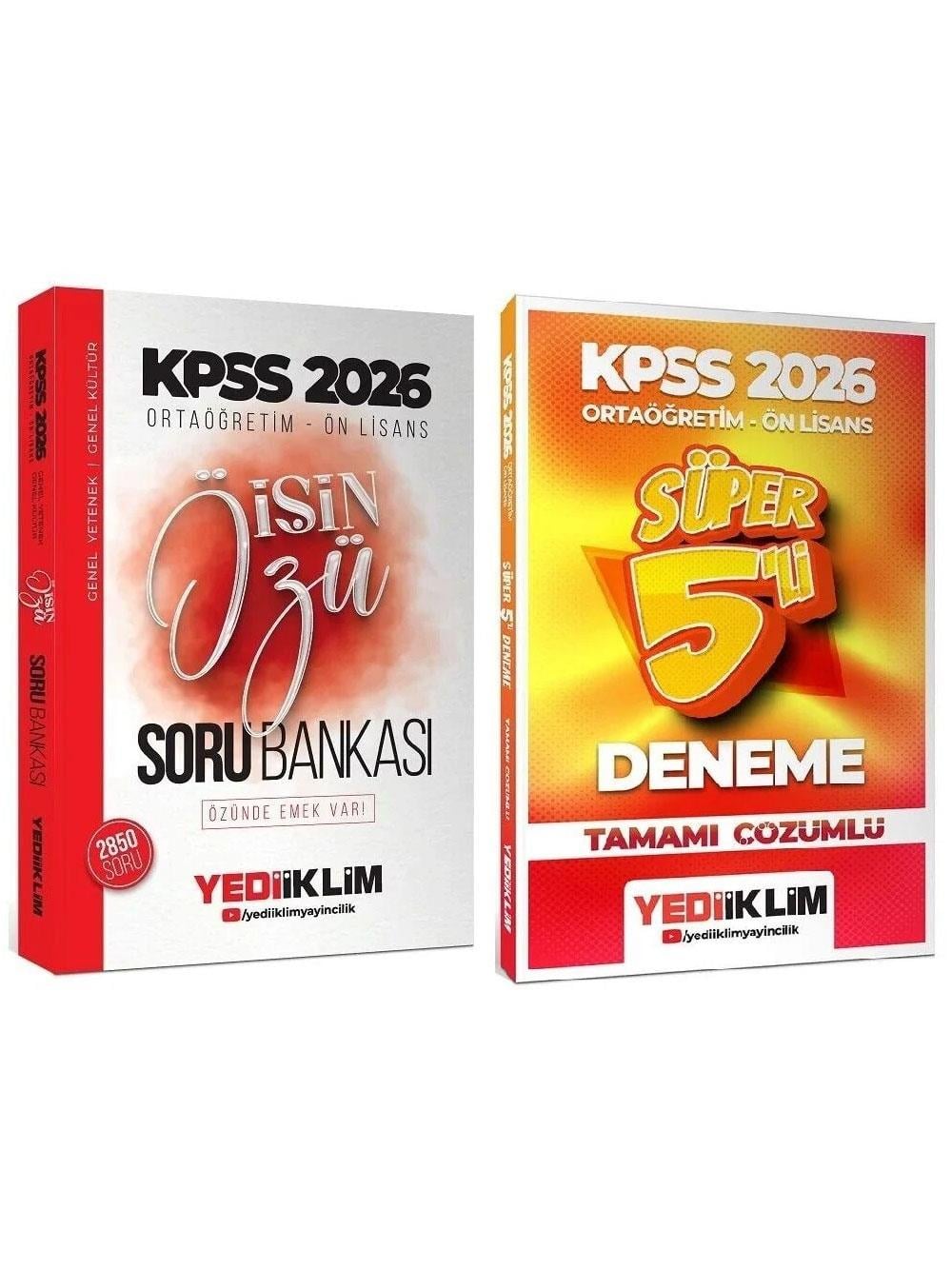 Yediiklim Yayınları 2026 KPSS Lise Ortaöğretim Ön Lisans İşin Özü Genel Yetenek Genel Kültür Soru Bankası + 5 Deneme 2'li Set