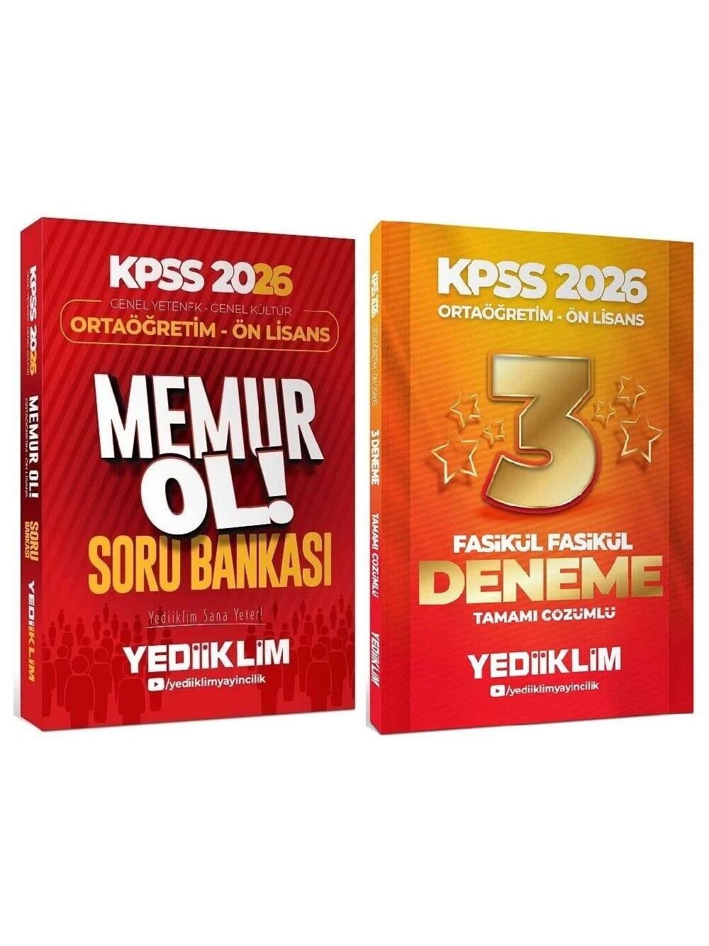 Yediiklim Yayınları 2026 KPSS Lise Ortaöğretim Genel Yetenek Genel Kültür Ön Lisans MEMUR OL Soru Bankası + 3 Deneme 2 li Set