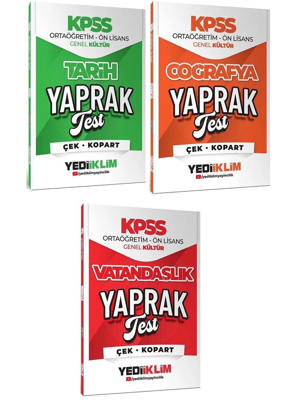 Yediiklim Yayınları 2026 KPSS Lise Ortaöğretim Ön Lisans Genel Kültür Tarih + Coğrafya + Vatandaşlık Yaprak Test 3 lü