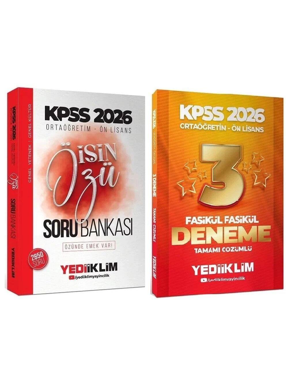 Yediiklim Yayınları 2026 KPSS Lise Ortaöğretim Ön Lisans İşin Özü Genel Yetenek Genel Kültür Soru Bankası + 3 Deneme 2 li Set