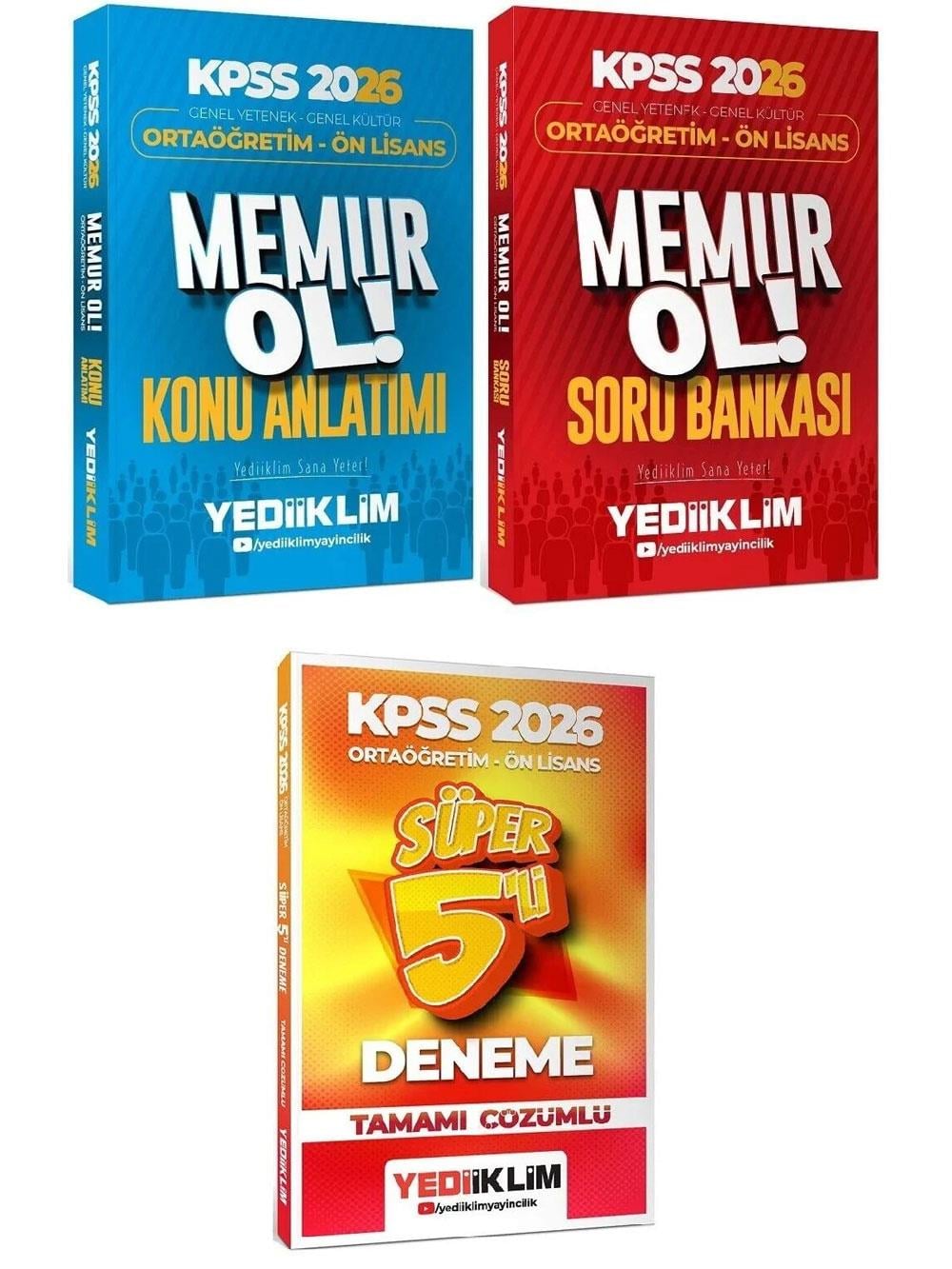 Yediiklim Yayınları 2026 KPSS Lise Ortaöğretim Ön Lisans MEMUR OL Genel Yetenek Genel Kültür Konu Anlatım + Soru Bankası + 5 Deneme 3 lü Set