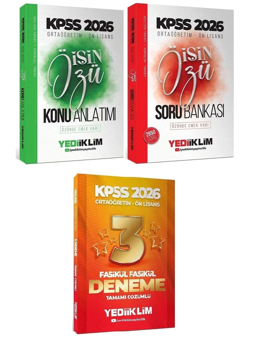 Yediiklim Yayınları 2026 KPSS Lise Ortaöğretim Ön Lisans İşin Özü Genel Yetenek Genel Kültür Konu Anlatım + Soru Bankası + 3 Deneme 3'lü Set