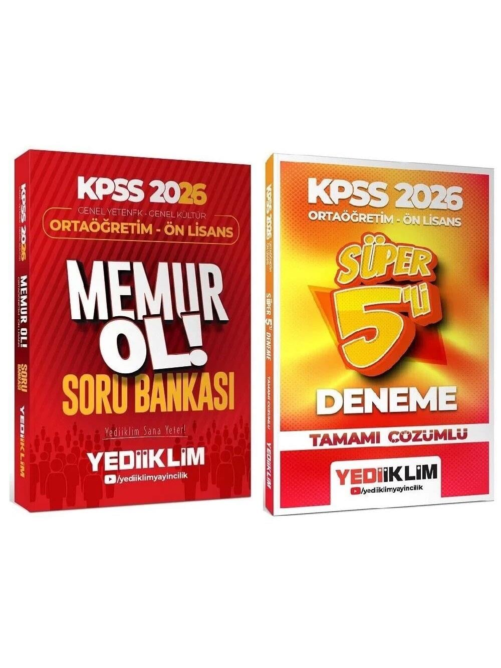 Yediiklim Yayınları 2026 KPSS Lise Ortaöğretim Ön Lisans MEMUR OL Genel Yetenek Genel Kültür Soru Bankası + 5 Deneme 2'li Set