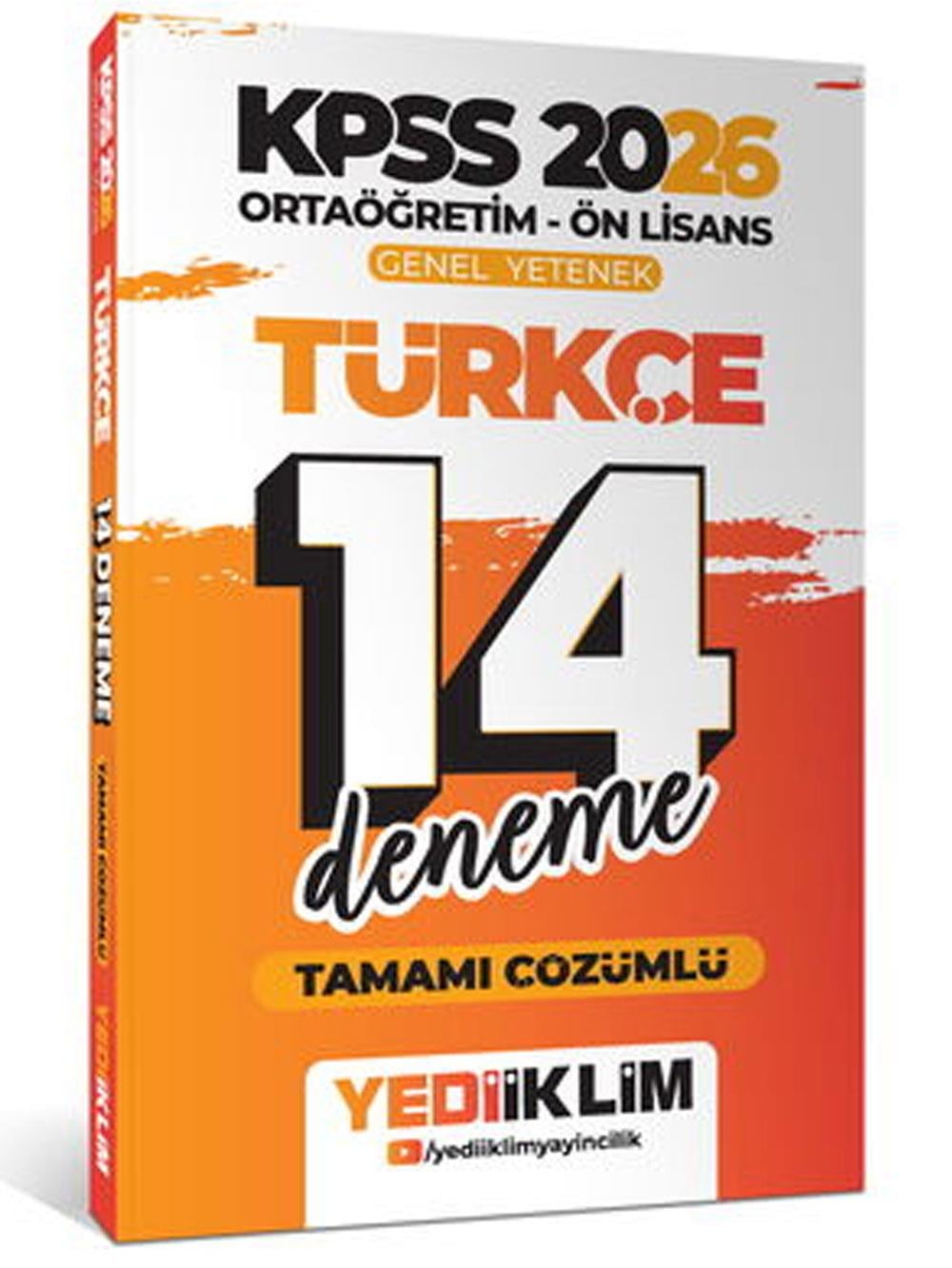 Yediiklim Yayınları 2026 KPSS Ortaöğretim Ön Lisans Genel Yetenek Türkçe Tamamı Çözümlü 14 Deneme