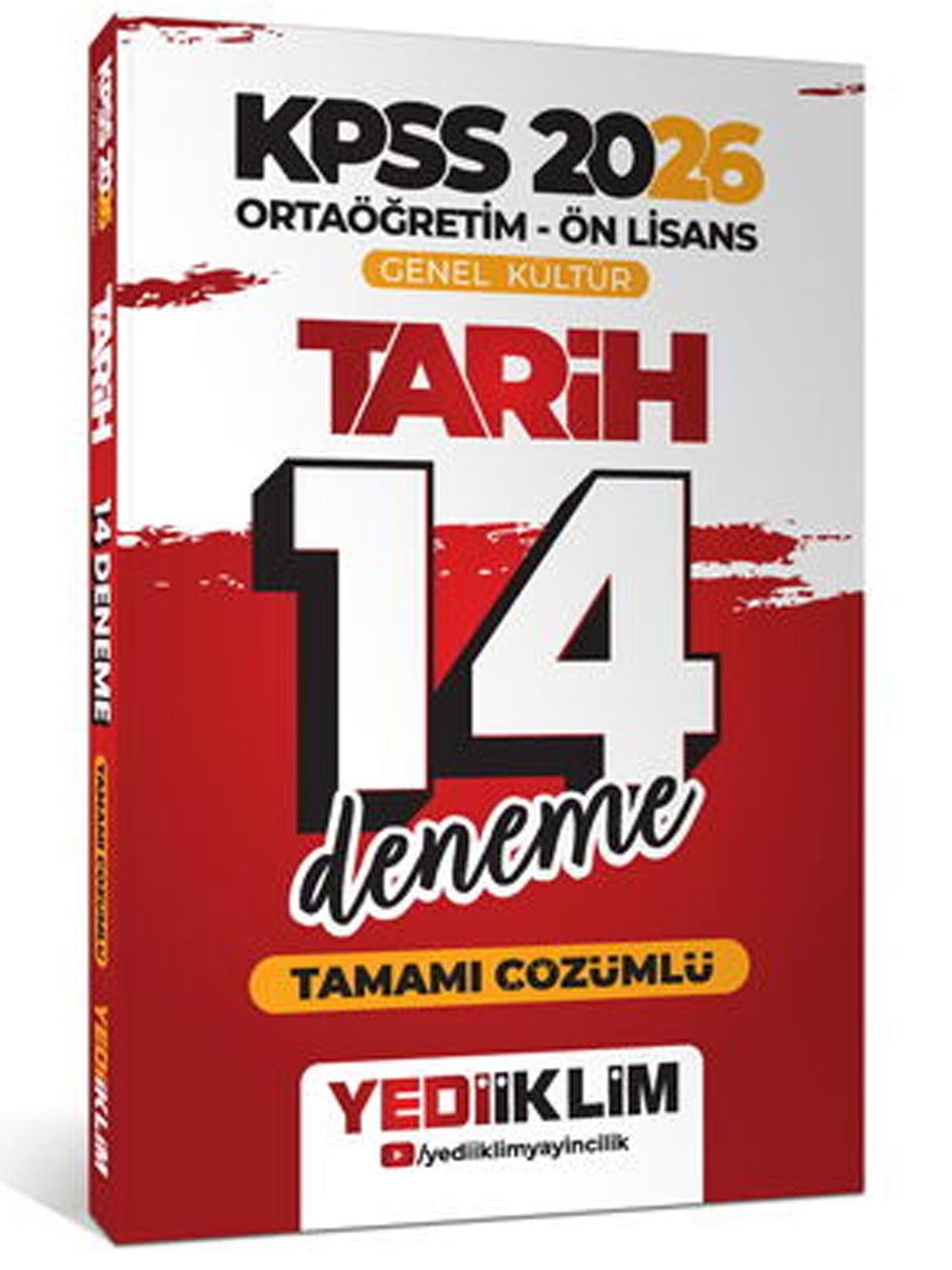 Yediiklim Yayınları 2026 KPSS Ortaöğretim Ön Lisans Genel Kültür Tarih Tamamı Çözümlü 14 Deneme