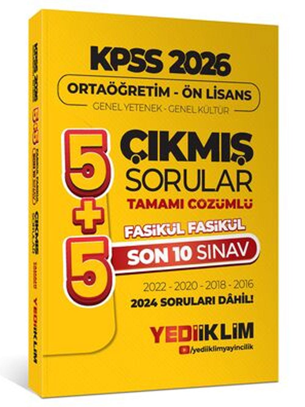 Yediiklim Yayınları 2026 Ortaöğretim-Önlisans Genel Yetenek Genel Kültür 5+5 Tamamı Çözümlü Son 10 Sınav Fasikül Fasikül Çıkmış
